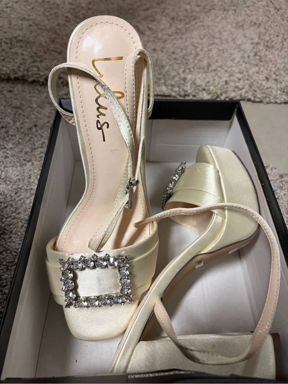 Lulu's Ivory Satin Platform Heel Sandals with Rhinestone Accent